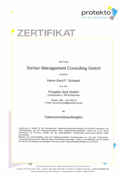 Barlian Management Consulting GmbH - Protekto - Zertifikat - Privacy Policy